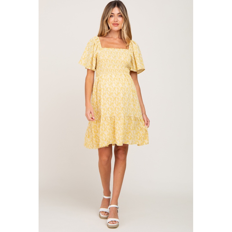 Yellow Floral Print Smocked Maternity Dress