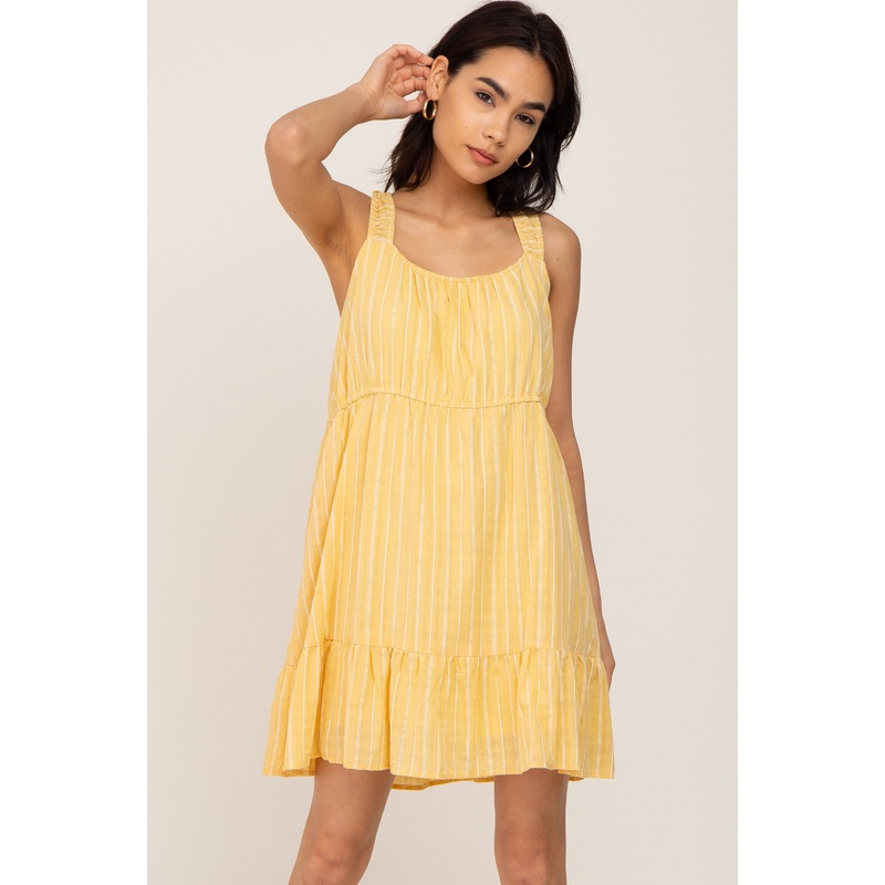 Yellow Striped Sleeveless Ruffle Dress