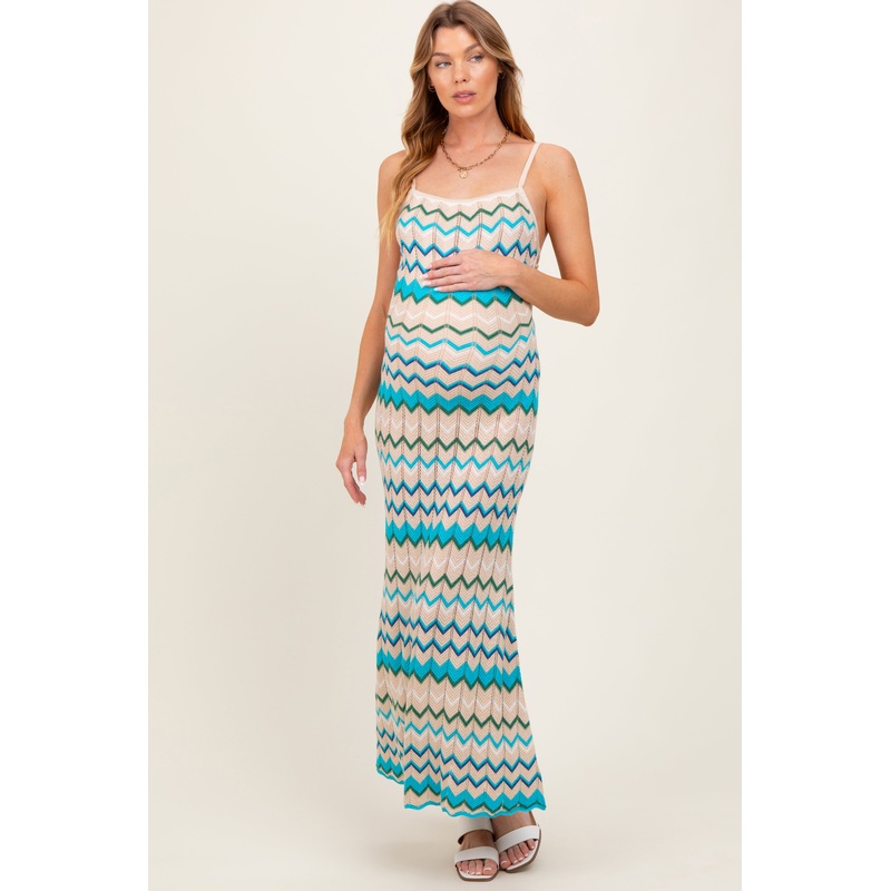 Aqua Pointelle Chevron Knit Open Back Maternity Midi Dress