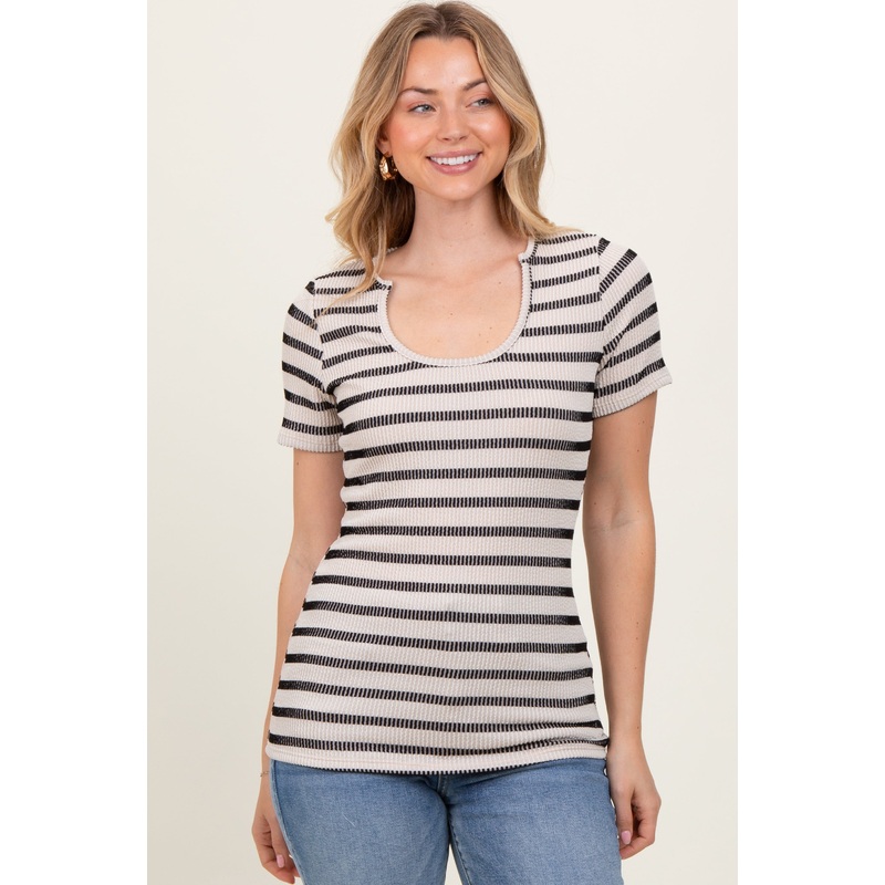 Beige Black Stripe Short Sleeve Round Neck Top