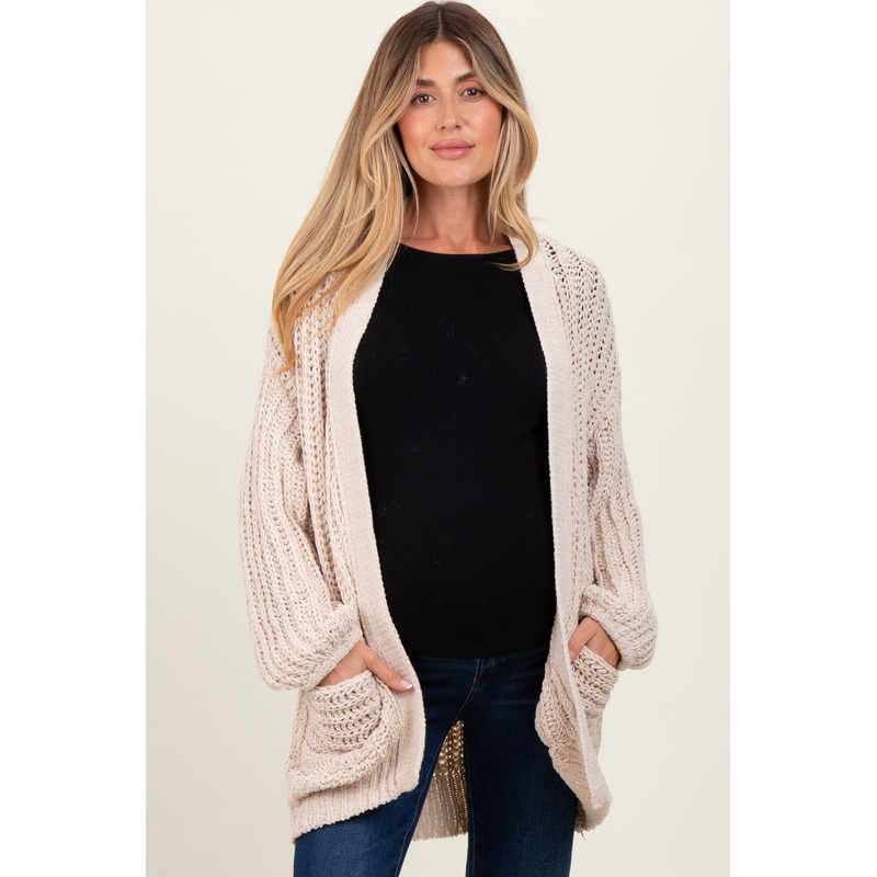 Beige Chunky Knit Oversized Maternity Pocket Cardigan