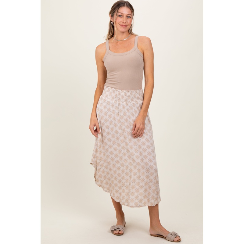 Beige Damask Print Smocked Waistband Midi Skirt