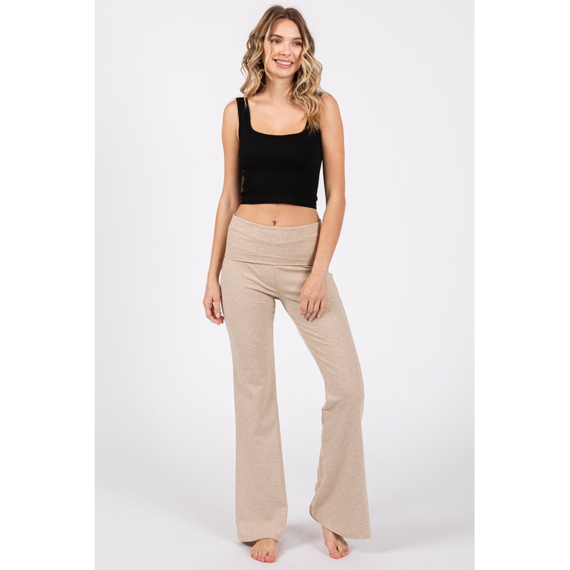 Beige Heathered Flare Leg Fold Over Leggings