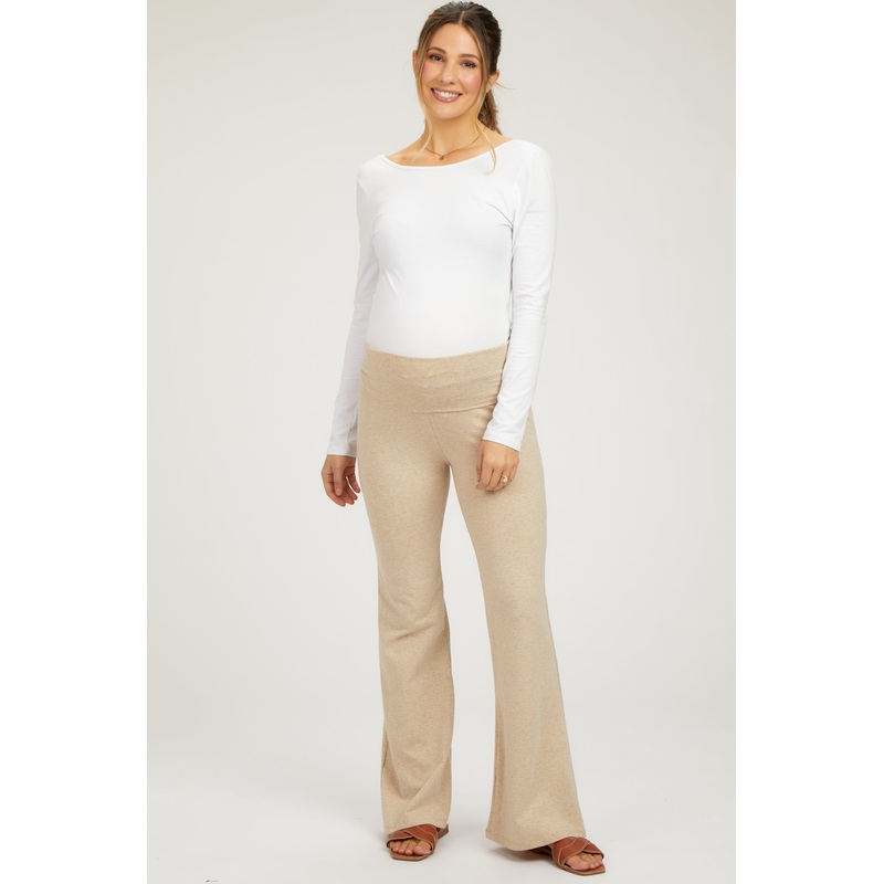 Beige Heathered Flare Leg Fold Over Maternity Leggings