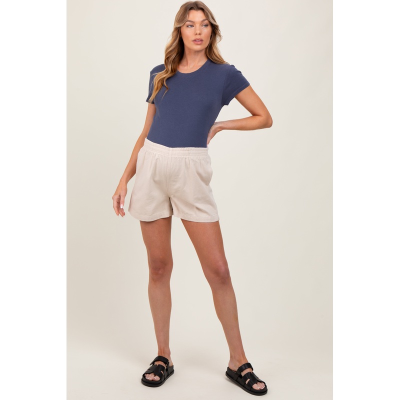 Beige Woven Cotton Maternity Shorts