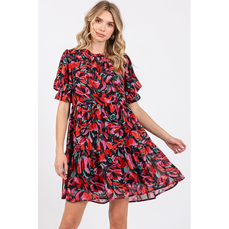 Black Abstract Floral Print Tiered Dress