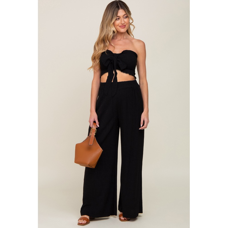Black Front Tie Crop Top and Pant Maternity Set
