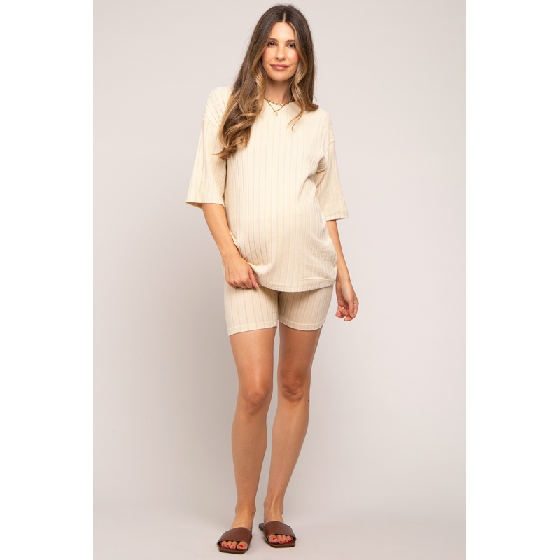 Cream Ribbed Soft Short Sleeve Maternity Shorts Set