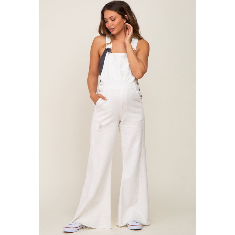 Ivory Denim Distressed Wide Leg Maternity Overalls