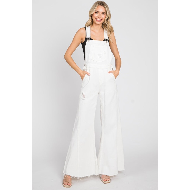 Ivory Denim Distressed Wide Leg Overalls