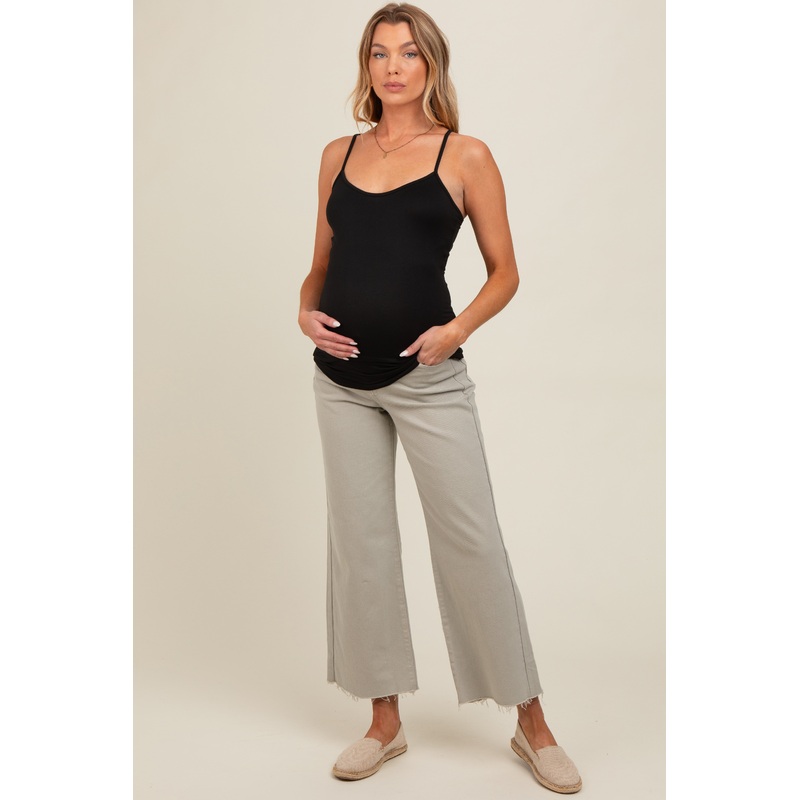 Light Olive Wide Leg Raw Hem Maternity Jeans