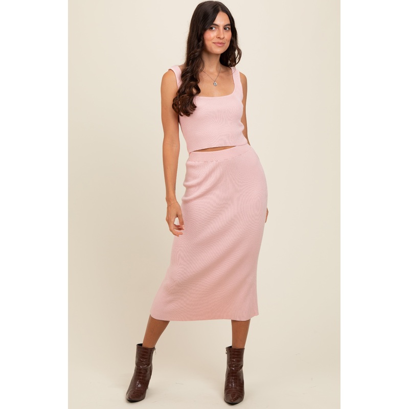Light Pink Ribbed Square Neck Sleeveless Crop Skirt Set