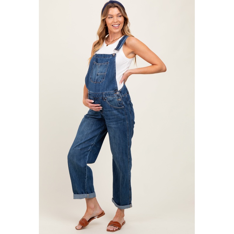 Navy Blue Barrel Leg Rolled Cuff Maternity Overall