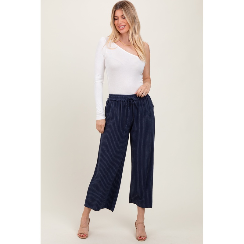 Navy Striped Drawstring Linen Blend Wide Leg Pants