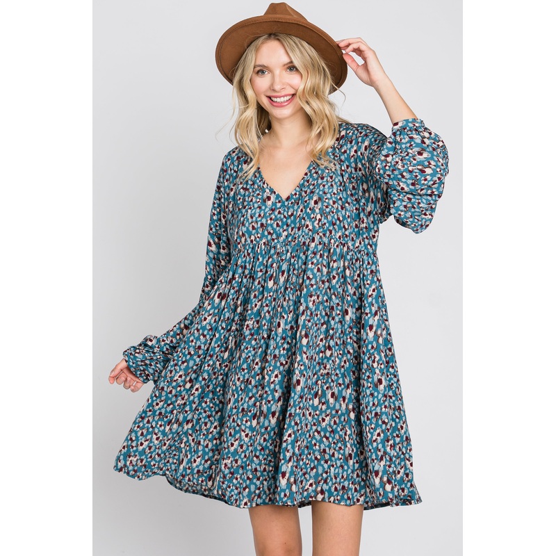 Teal Printed Button Front Long Sleeve Dress