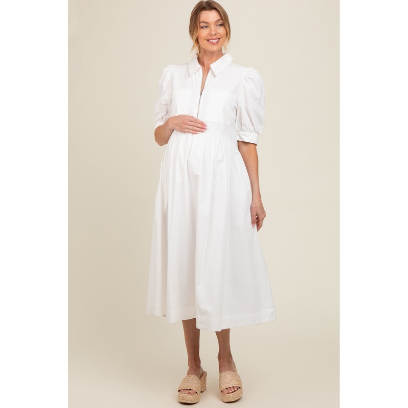 White Half Zip Maternity Midi Dress