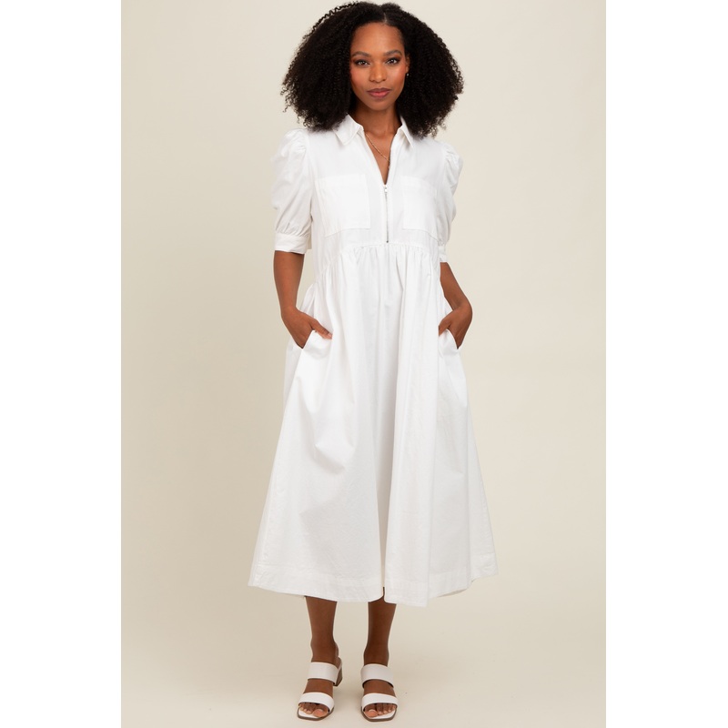 White Half Zip Midi Dress