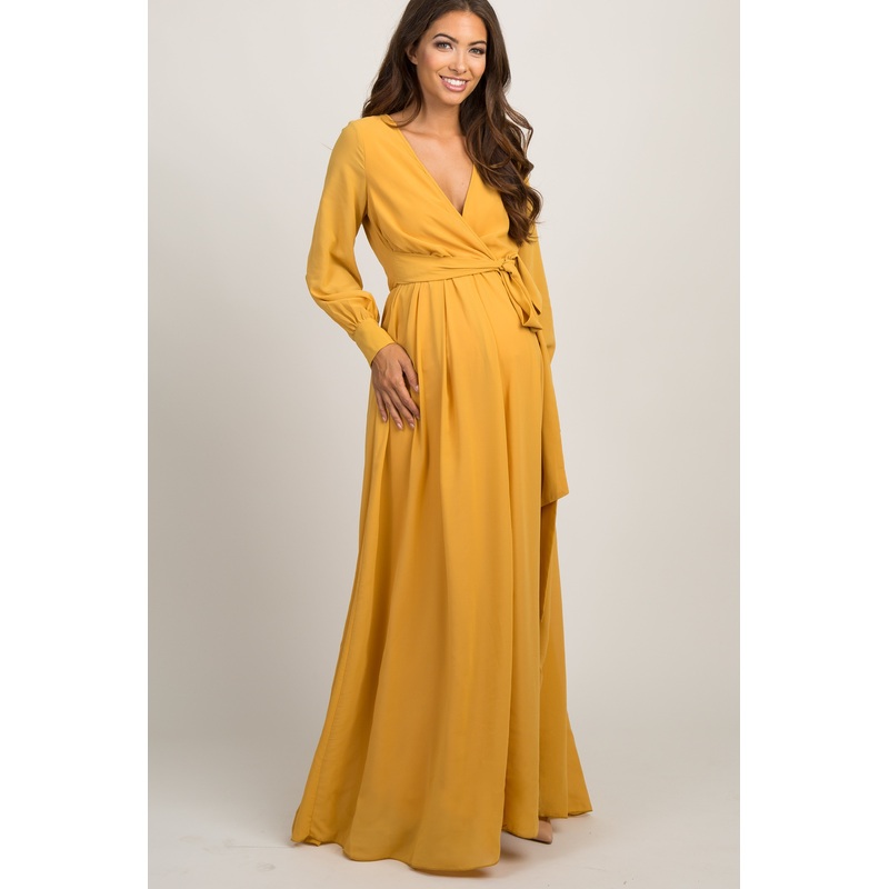 Yellow Chiffon Long Sleeve Pleated Maternity Maxi Dress