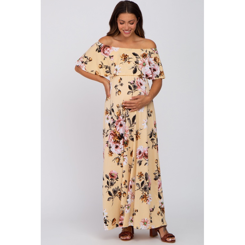 Yellow Floral Off Shoulder Maternity Maxi Dress