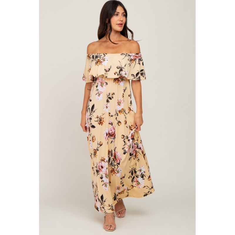 Yellow Floral Off Shoulder Maxi Dress