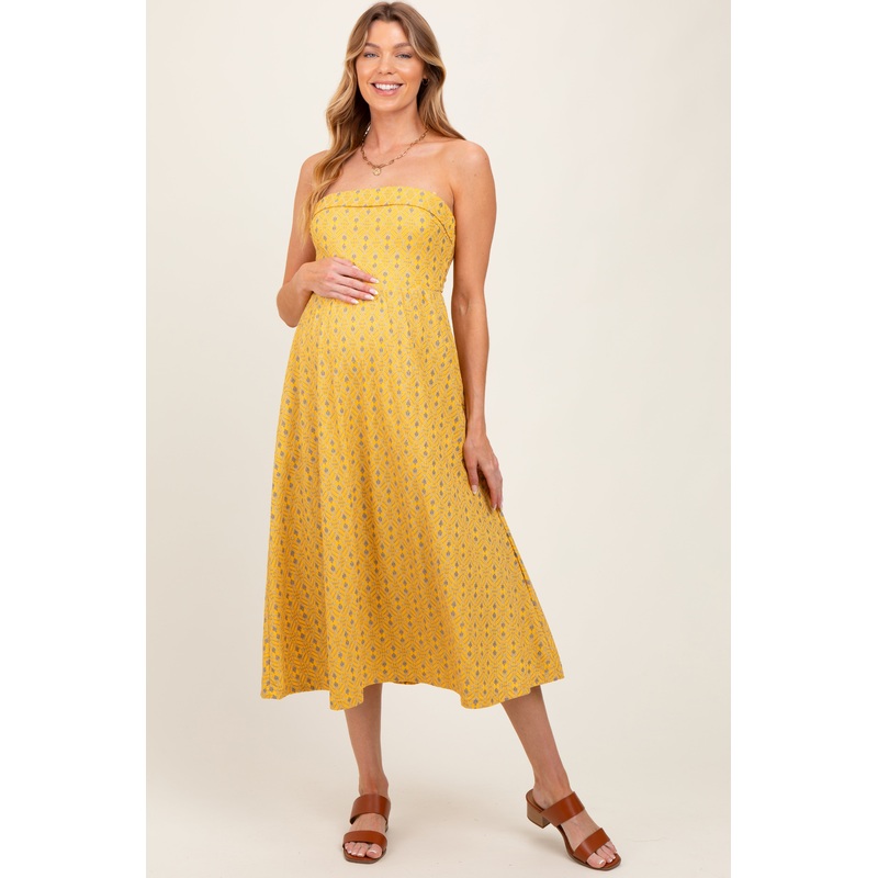 Yellow Lace Strapless Lace Up Back Maternity Midi Dress