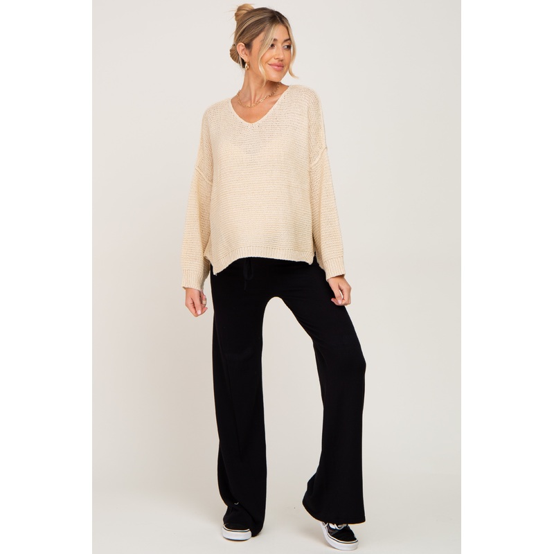 Beige Knit Dolman Sleeve Maternity Sweater