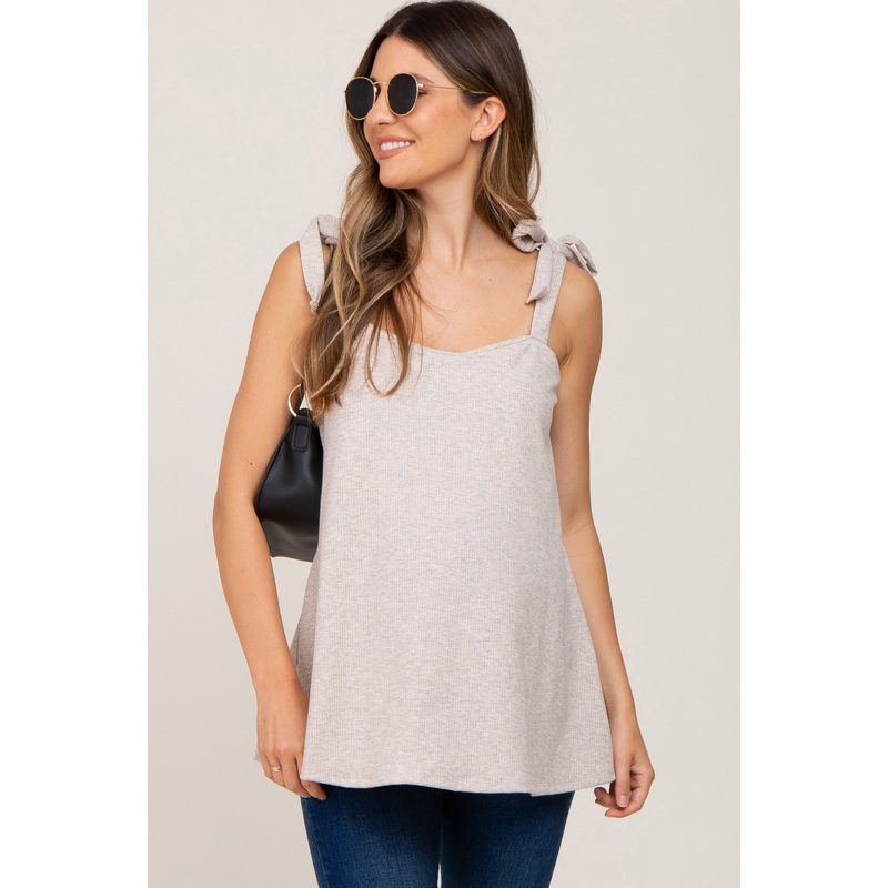 Beige Knotted Strap Ribbed Maternity Top