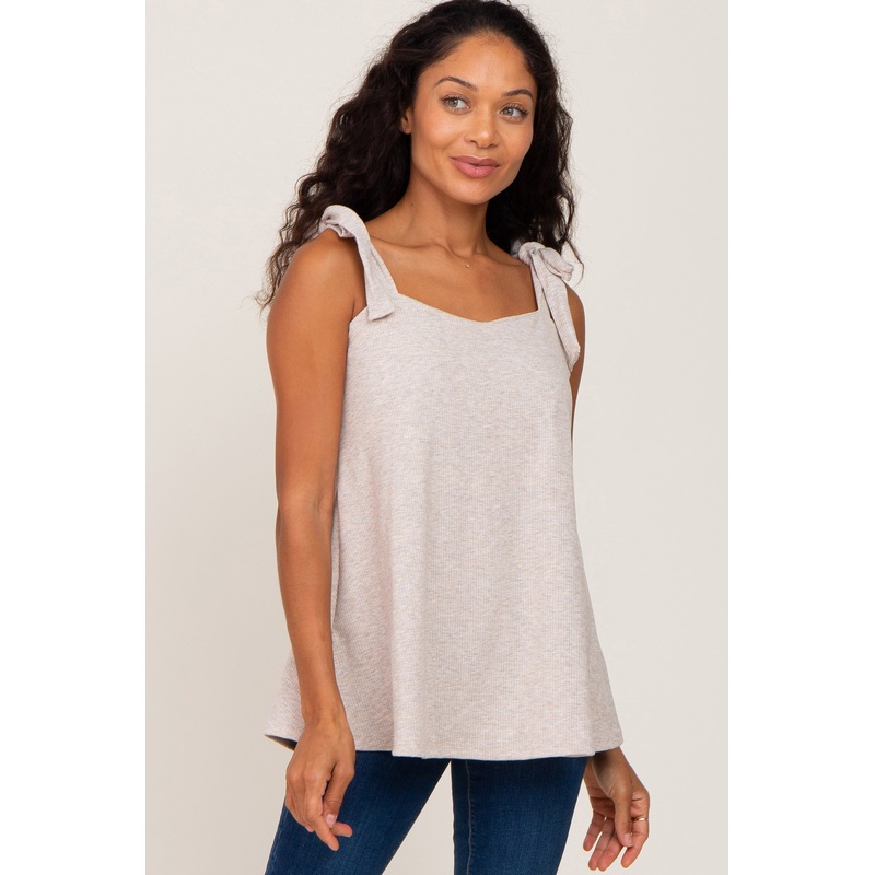Beige Knotted Strap Ribbed Top