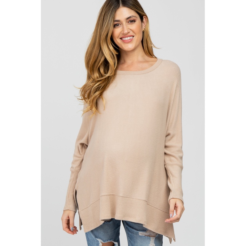 Beige Soft Brushed Knit Dolman Sleeve Side Slit Maternity Top