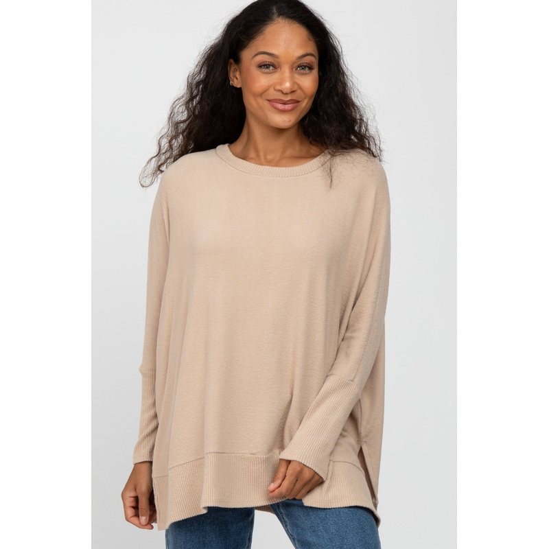 Beige Soft Brushed Knit Dolman Sleeve Side Slit Top