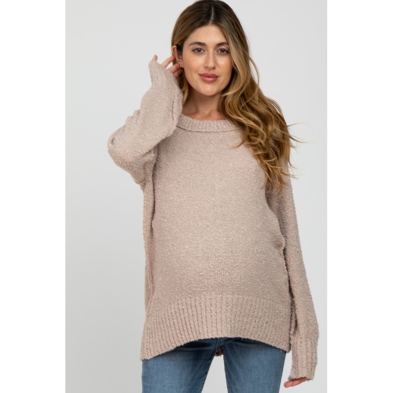 Beige Textured Knit Exposed Seam Maternity Sweater