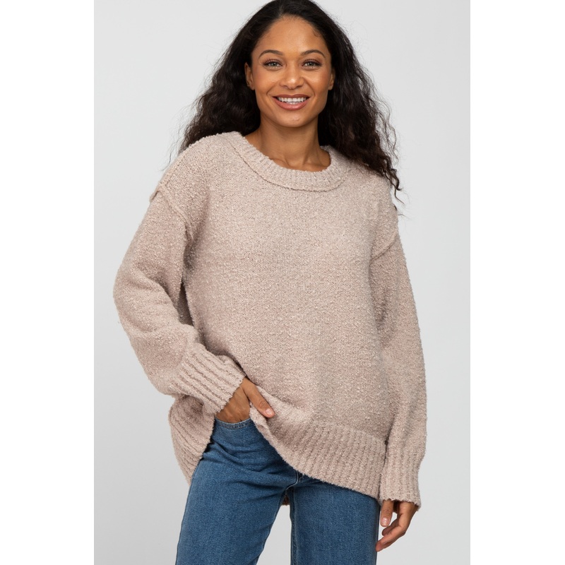 Beige Textured Knit Exposed Seam Sweater