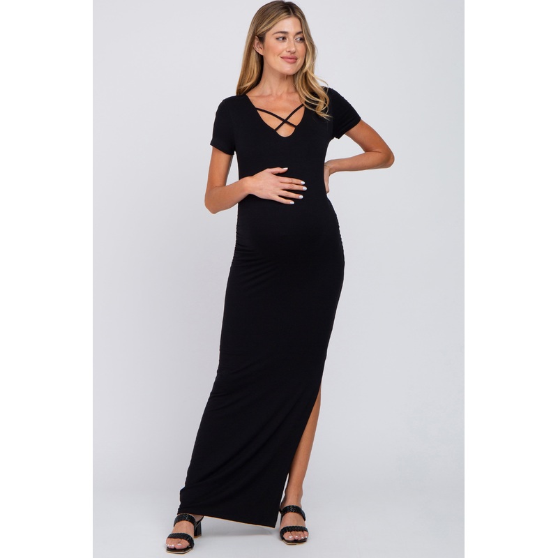 Black Cross Front Ruched Maternity Maxi Dress