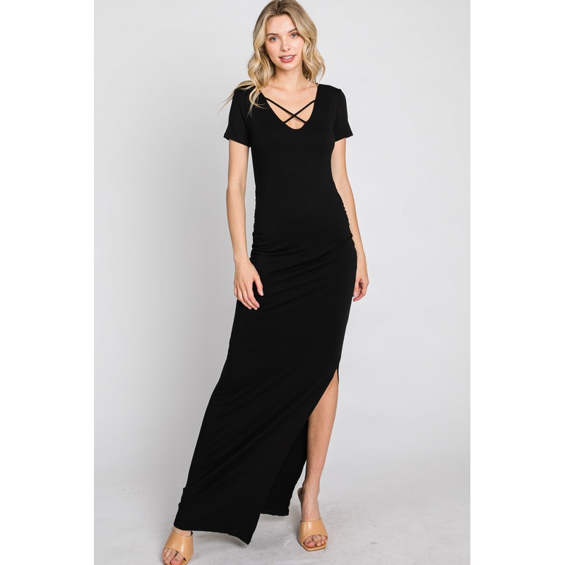 Black Cross Front Ruched Maxi Dress