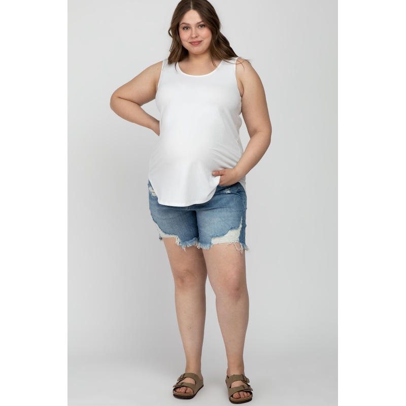 Blue Distressed Maternity Plus Jean Shorts