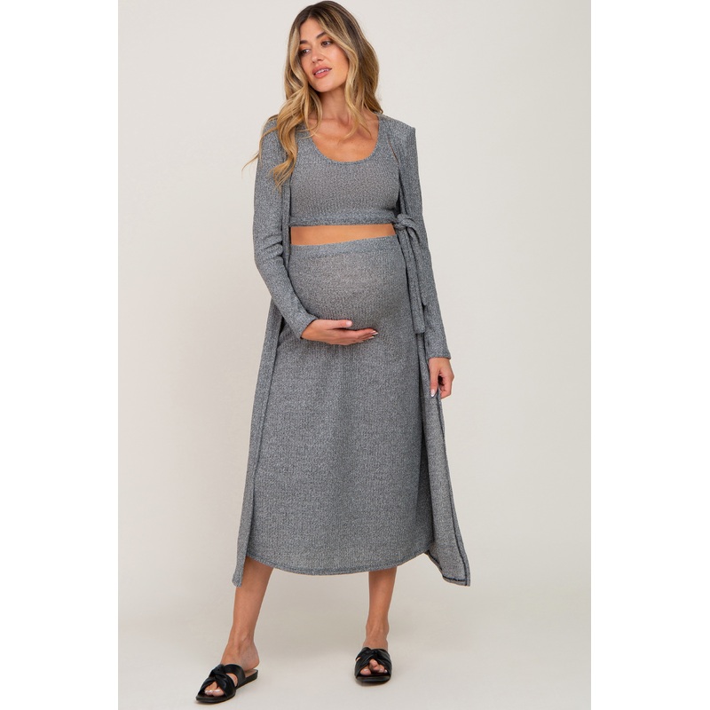Grey 3-Piece Skirt and Cardigan Maternity Set