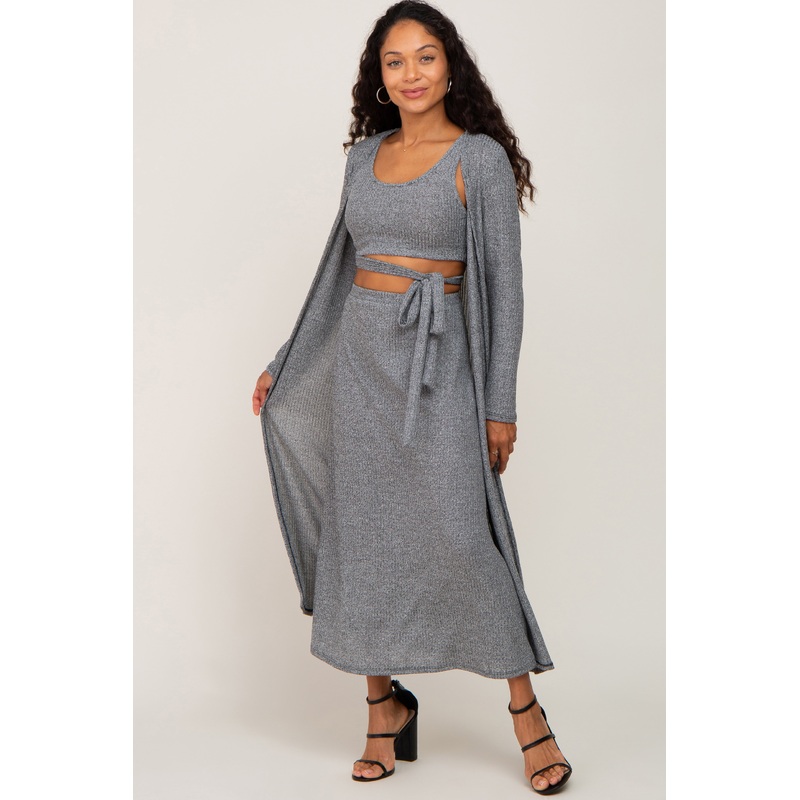 Grey 3-Piece Skirt and Cardigan Set