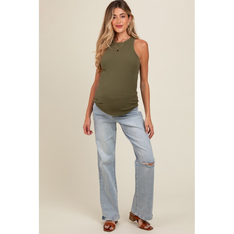 Light Blue Acid Wash Open Knee Maternity Bootcut Jeans