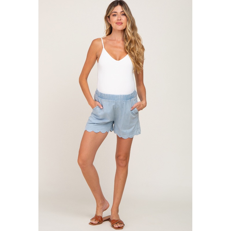 Light Blue Scalloped Maternity Chambray Shorts