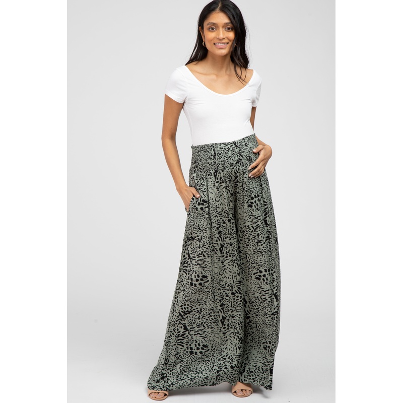 Light Olive Animal Print Wide Leg Maternity Pants