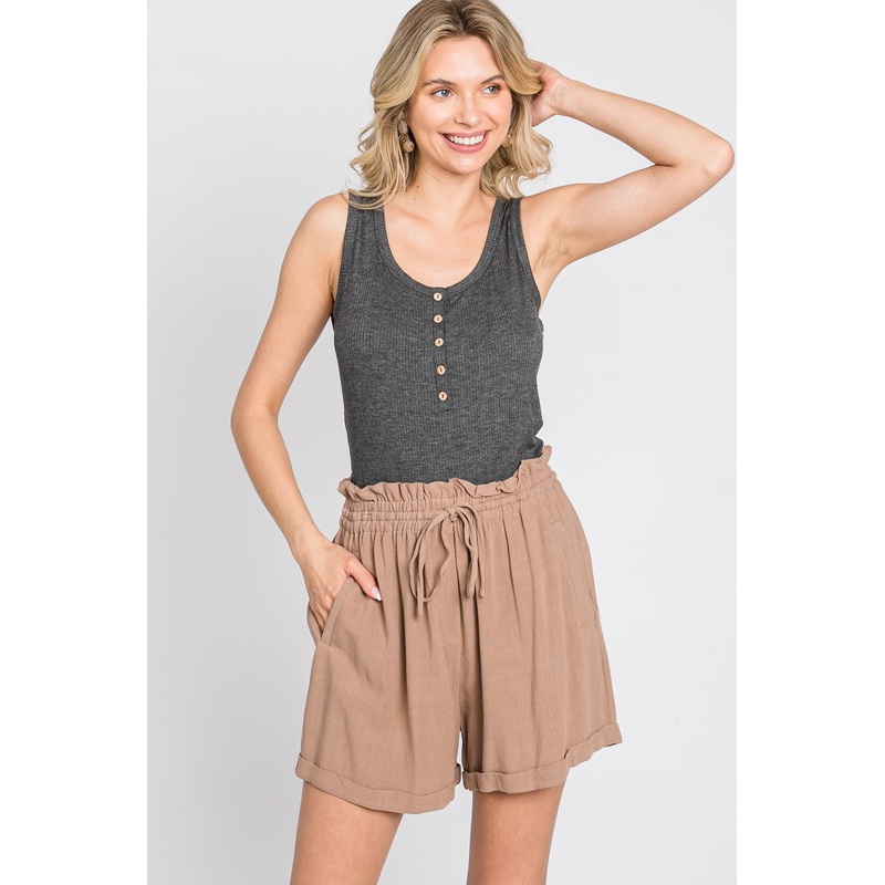 Mocha Linen Smocked Waist Shorts
