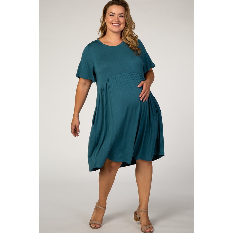 Teal Solid Plus Maternity Babydoll Dress