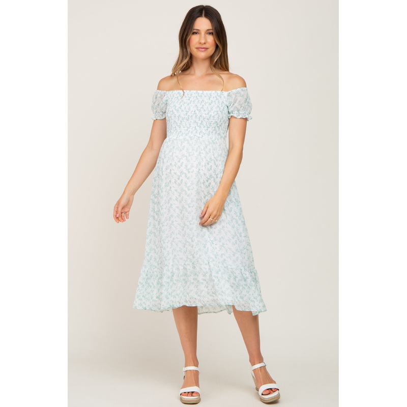 White Floral Chiffon Smocked Square Neck Maternity Midi Dress