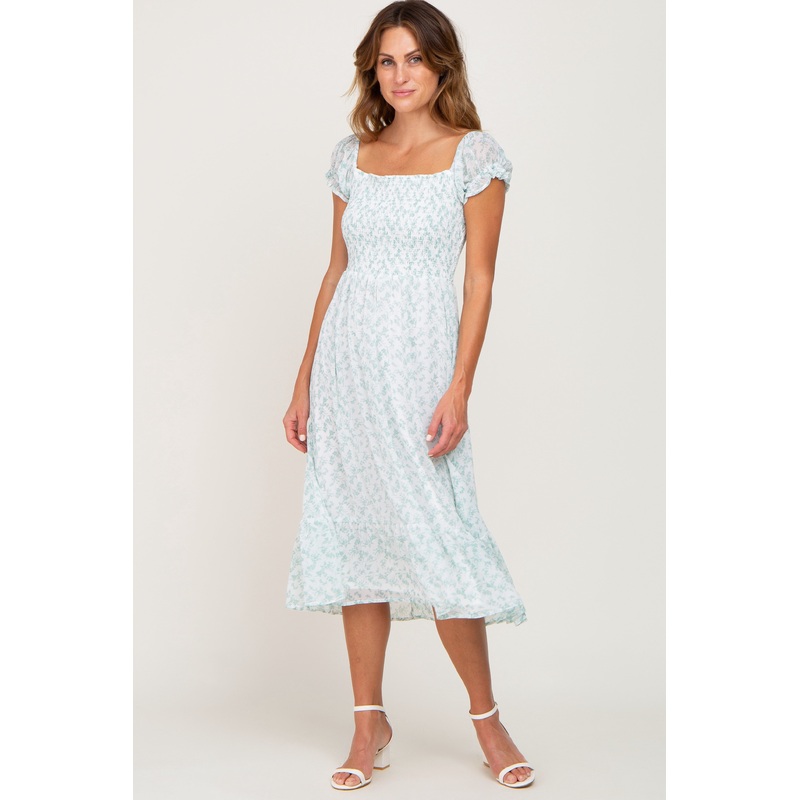 White Floral Chiffon Smocked Square Neck Midi Dress