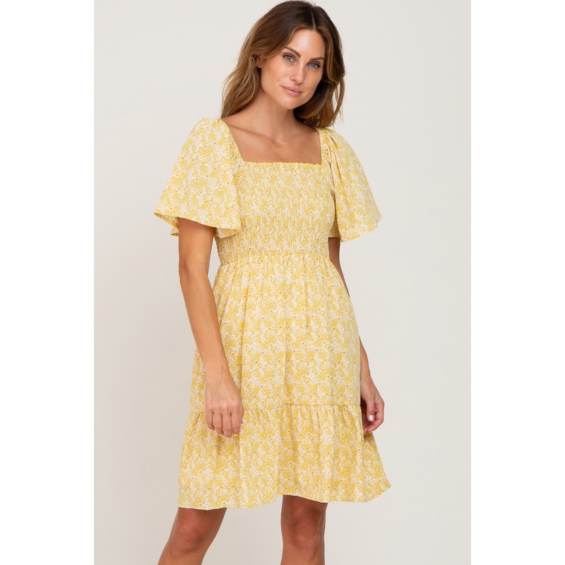 Yellow Floral Print Smocked Dress