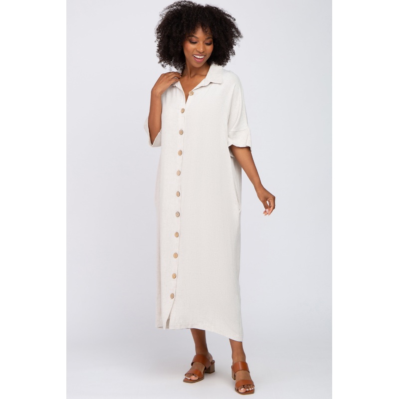 Beige Oversized Button Down Midi Dress