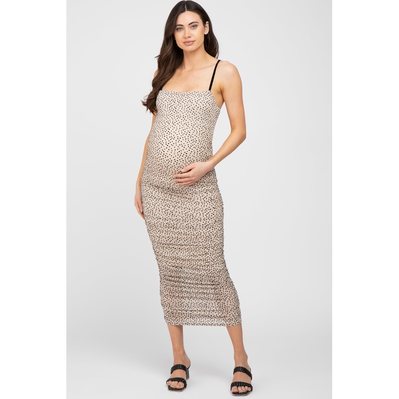 Beige Polka Dot Ruched Maternity Midi Dress