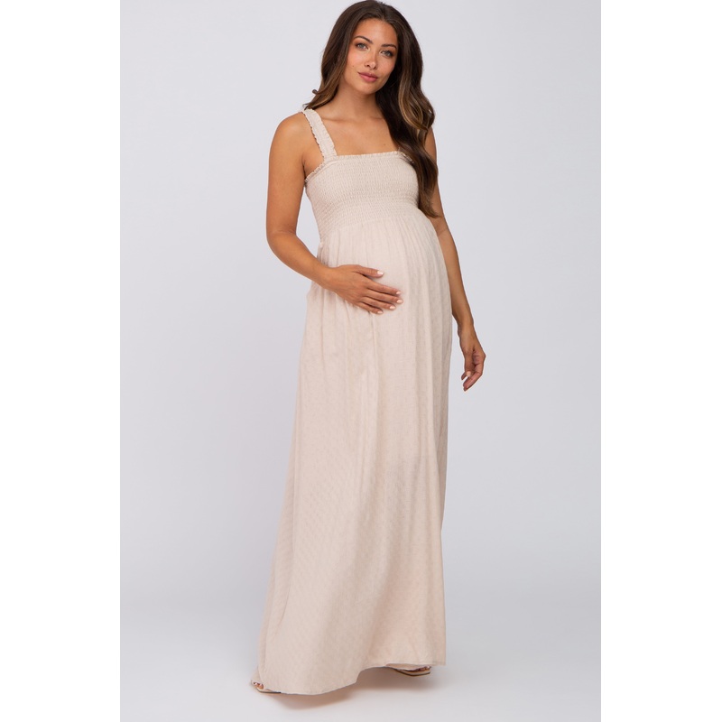 Beige Textured Smocked Maternity Maxi Dress