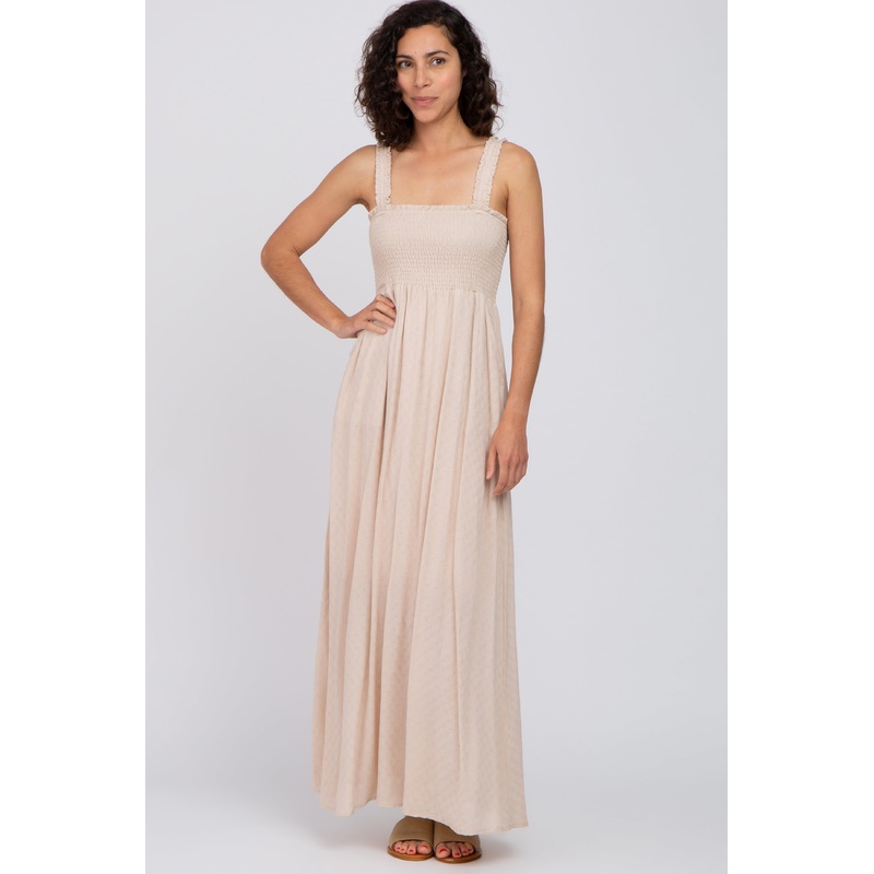 Beige Textured Smocked Maxi Dress