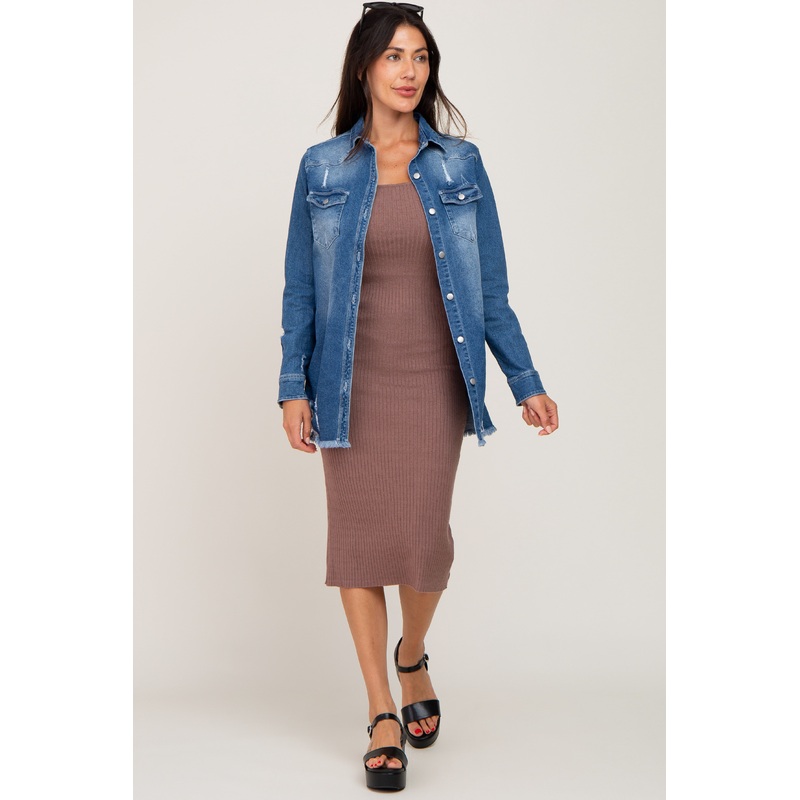 Blue Distressed Frayed Hem Denim Jacket